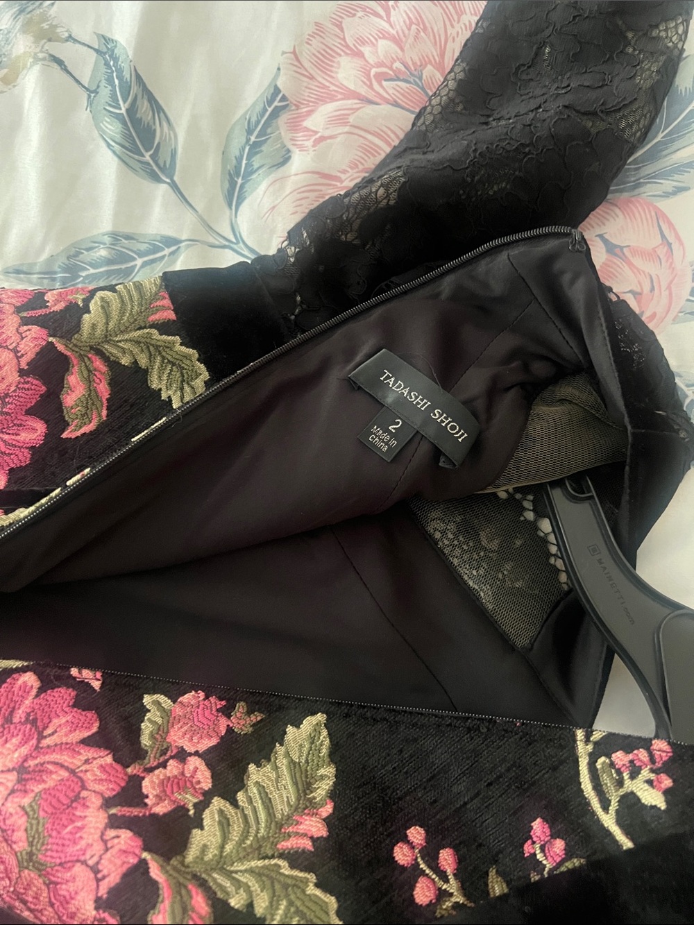 Tadashi Shoji Black Lace Jacket with Pink Floral Embroidery and Green Leaves
